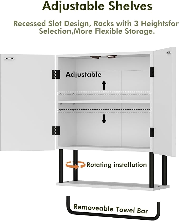 RUSTOWN Fluted Bathroom Wall Cabinet with 2 Doors, 3-Tier Modern Farmhouse Medicine Cabinet, Over the Toilet Storage Cabinet with Adjustable Shelf and Towel Bar (White, Medium)