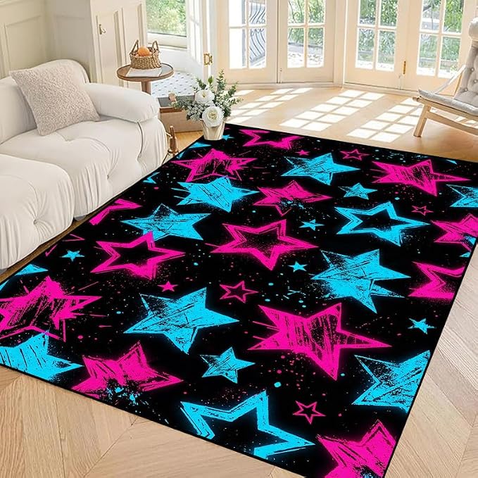 5'x7' Neon Star Area Rug Black Pink and Blue Floor Mat Abstract Star Print Rugs Washable Non-Slip Carpet for Bedroom Living Room Nursery Kitchen Playroom Home Decor