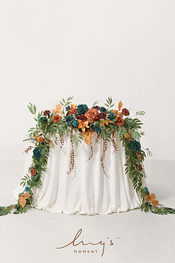 Ling's moment 9FT Flower Garland for Backdrop Decoration - Fall Wedding Arch Flowers, Eucalyptus & Rose, Artificial Floral Garland for Mantle - Sweetheart Table Decor for Ceremony, Teal & Orange