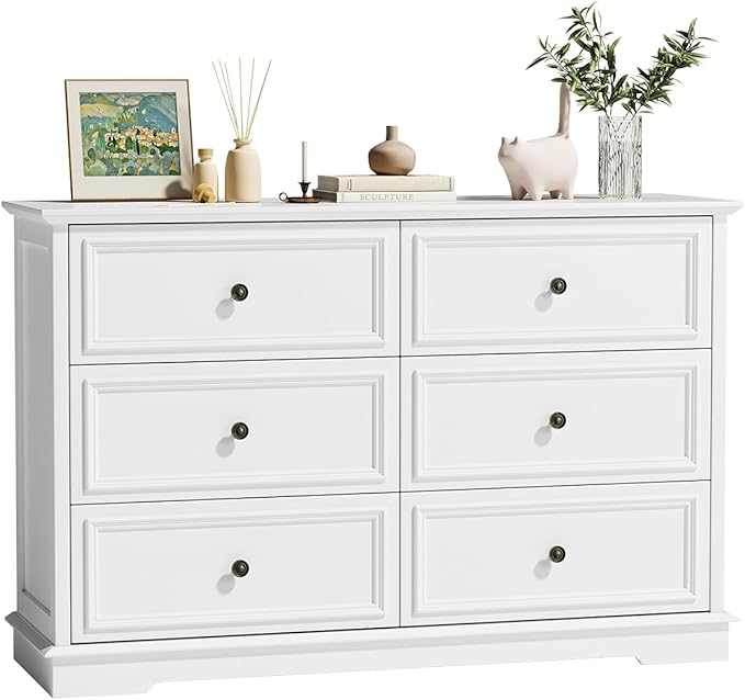 White Dresser, 6 Drawer Dressers for Bedroom, Wide Chest of Drawers with Deep Drawers, Closet Dressers with Metal Handle, Wood Dresser for Living Room, Hallway, Closet