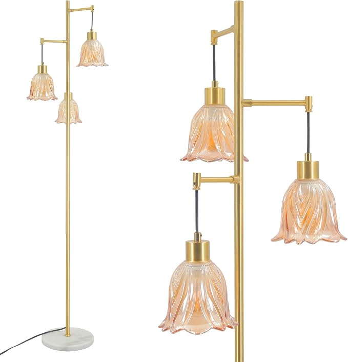 Gold 3-Light Glass Flower Floor Lamp, Mid Century Modern Brass Tree Standing Lamp, Vintage Boho Farmhouse Tall Floor Lamps for Living Room Bedroom Home Office