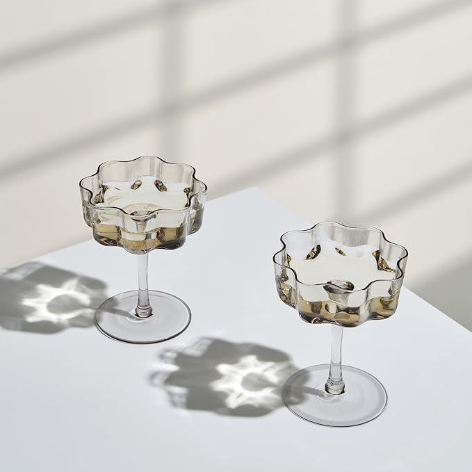 Khen Flower Vintage Wavy Glass Coupes Martini, Champagne & Cocktail Coupes - Set of 2-7oz Colorful Cocktail Glasses & Champagne, Prosecco, Mimosa Glassware Copyright Design - Gray