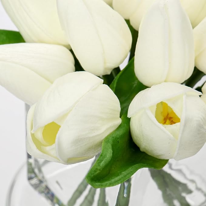 DILATATA Artificial White Tulips in Vase with Faux Water 5.5" Real Touch Flowers Fake Tulips Small Flowers Arrangement in Cube Glass Vase for Mother's Day Table Centerpiece Wedding Home Decor