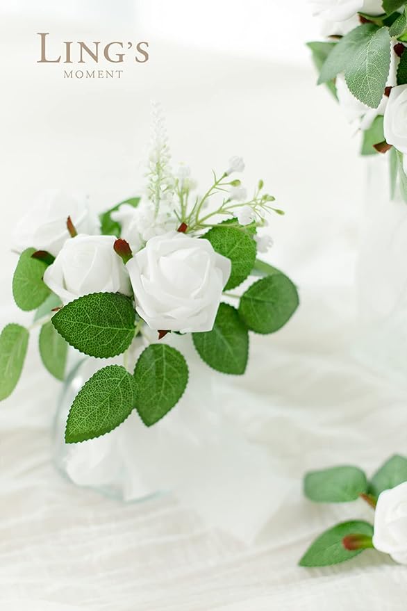 Ling's moment 1.5/2 inch Artificial Rose White Buds and Petite Roses w/Stem Pack of 25 for DIY Wedding Boutonniere Corsages Bouquets Centerpieces Decorations