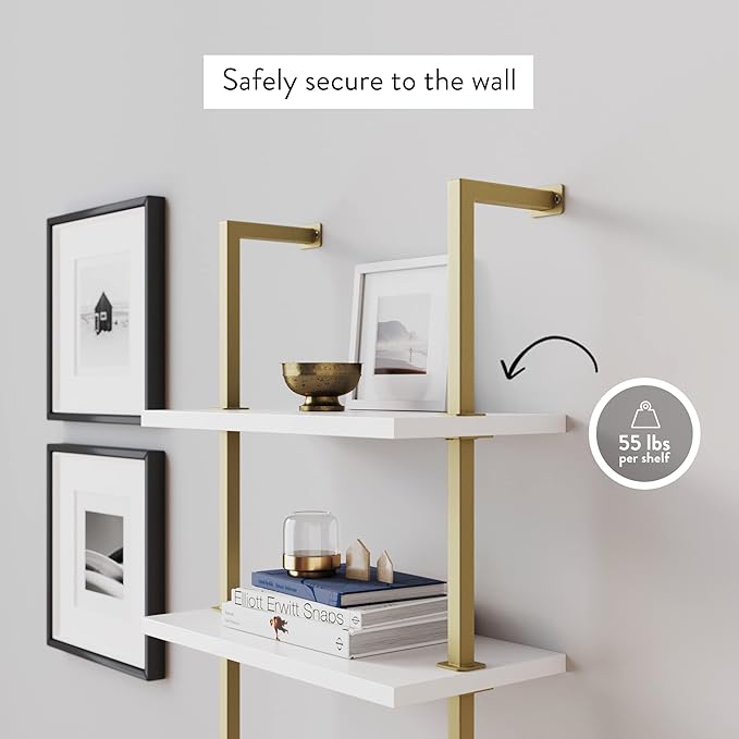 Nathan James 66001 Theo 5-Shelf Gold, Ladder Bookcase with Gold/Brass Metal Frame, White, Set of 2
