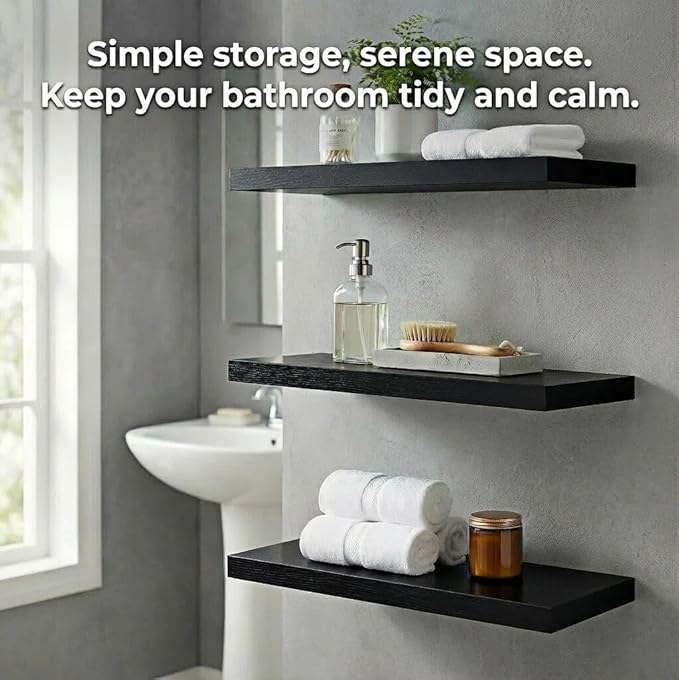 SAUMONIERES Floating Shelves Wall Shelf Solid Wood for Bathroom Bedroom Kitchen Set of 3, Black Wall Shelves