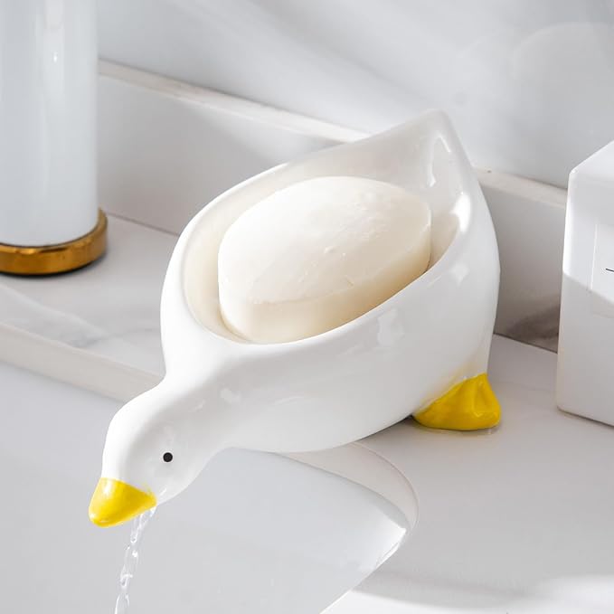 1 Pack Duck Ceramic Soap Dishes,Soap Holder with Drain,Soap Dish Container,Dish Soap Tray,Sponge Holder,Soap Tray for Shower,Bathroom,Bar,Kitchen,Counter (Duck), White