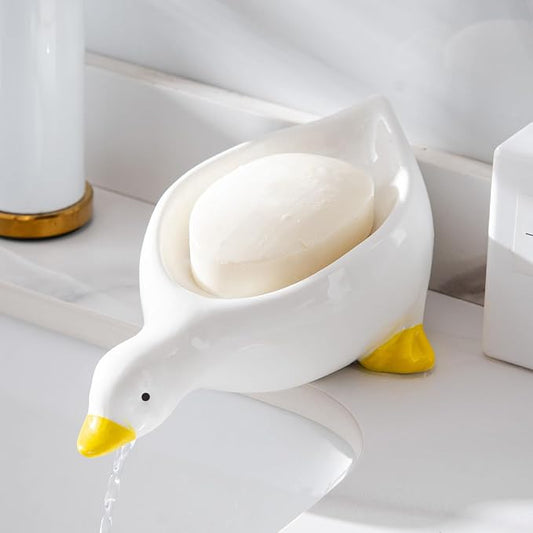 1 Pack Duck Ceramic Soap Dishes,Soap Holder with Drain,Soap Dish Container,Dish Soap Tray,Sponge Holder,Soap Tray for Shower,Bathroom,Bar,Kitchen,Counter (Duck), White