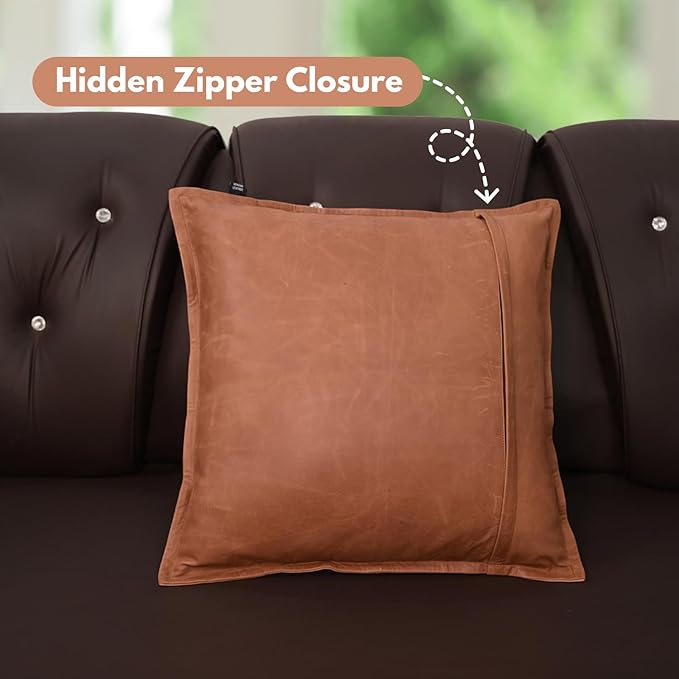 D DOLLY LAMB Lambskin Leather Pillow Cover - Sofa Cushion Case - Decorative Throw Covers for Living Room & Bedroom, 18x18 Inches - Antique Brown Box Pack of 1