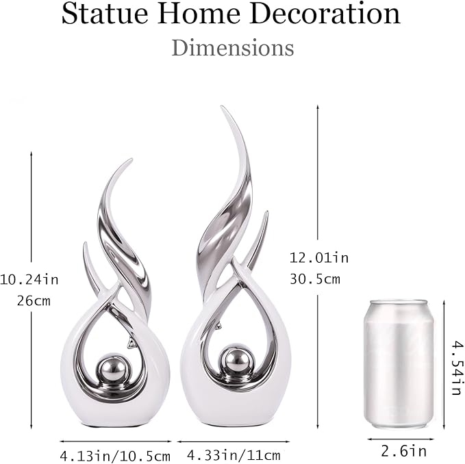 2 PCS White Silver Ceramic Statues For Home Decor Accents, Modern Abstract Art Sculptures, Elegant Tabletop Decorative Objects For Dining Room, Entryway, Tv Stand, Mantel, Coffee Table Centerpieces