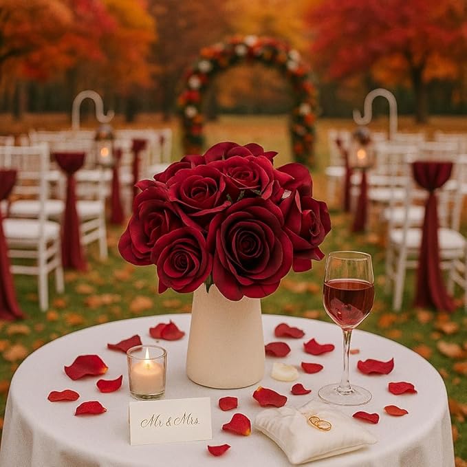 12-Piece Faux Real Touch Rose Bouquet with Ceramic Vase, Fake Flowers in Vase, Artificial Flowers for Home, Wedding, Bridal Bouquet, Party & Dining Table Centerpiece Decor (Burgundy, 10" High)