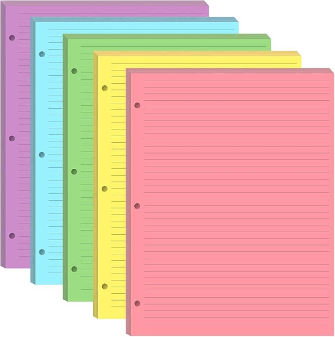 3 Hole Colorful Lined Paper - 100 Sheets/200 Pages Loose Leaf Paper Line Refills, Per Color 20 Sheets, 8.5" x 11"