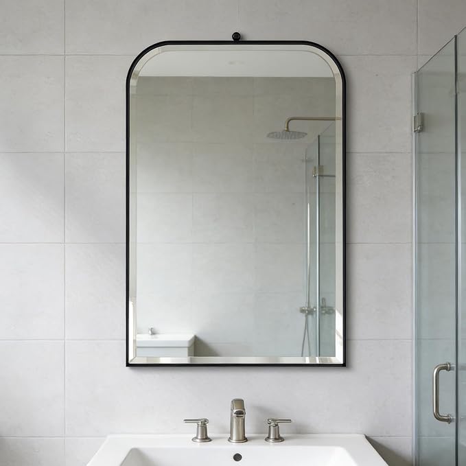 POZINO Rectangle Beveled Mirror, 24"x38" Bathroom Mirror for Over Sink, Modern Vanity Mirrors with Stainless Steel Frame, Black Oblong Wall Mirrors for Living Room Bedroom Entryway Fireplace