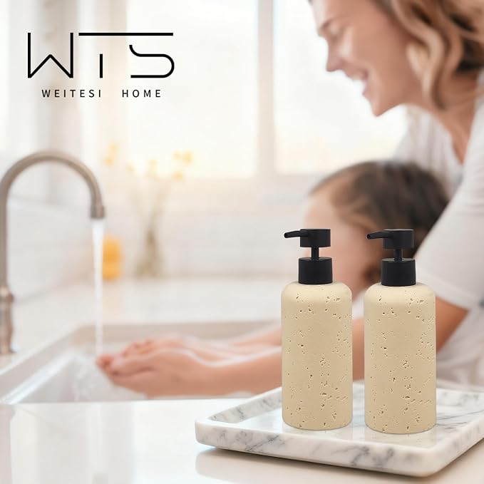 2 PCS Resin Soap Dispensers 11oz, Refillable Luxurious Hand Dish Lotion Shampoo Soap Dispenser Jar with Rust Proof Pump 340ml, Travertine Soap Pump Bottle for Kitchen Bathroom Countertop (Cream)