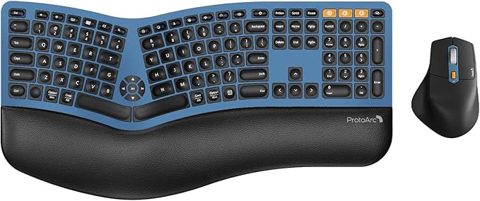 ProtoArc Ergonomic Wireless Keyboard Mouse, EKM01 Plus Full Size Ergo Bluetooth Keyboard Mouse Combo, Split Design, Wrist Rest, Multi-Device, Rechargeable, for Windows/Mac OS - Blue
