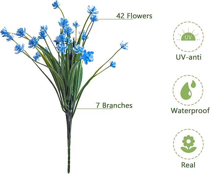 Artificial Flowers Outdoors, 12 Bundles No Fade Fake Flowers UV-Anti Easy to Clean Faux Greenery Plants Faux Plastic Plants Garden for Indoor Outdoor Home Garden Decoration, Blue