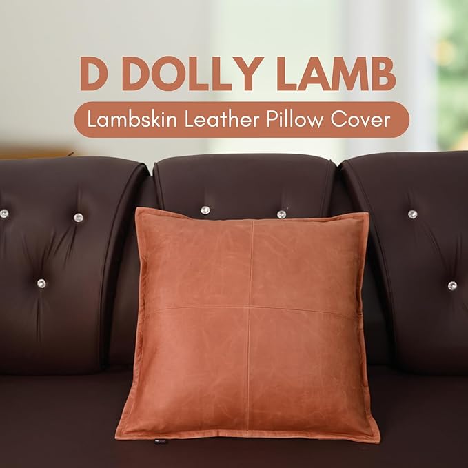 D DOLLY LAMB Lambskin Leather Pillow Cover - Sofa Cushion Case - Decorative Throw Covers for Living Room & Bedroom, 20x20 Inches - Orange Crunch Box Pack of 2