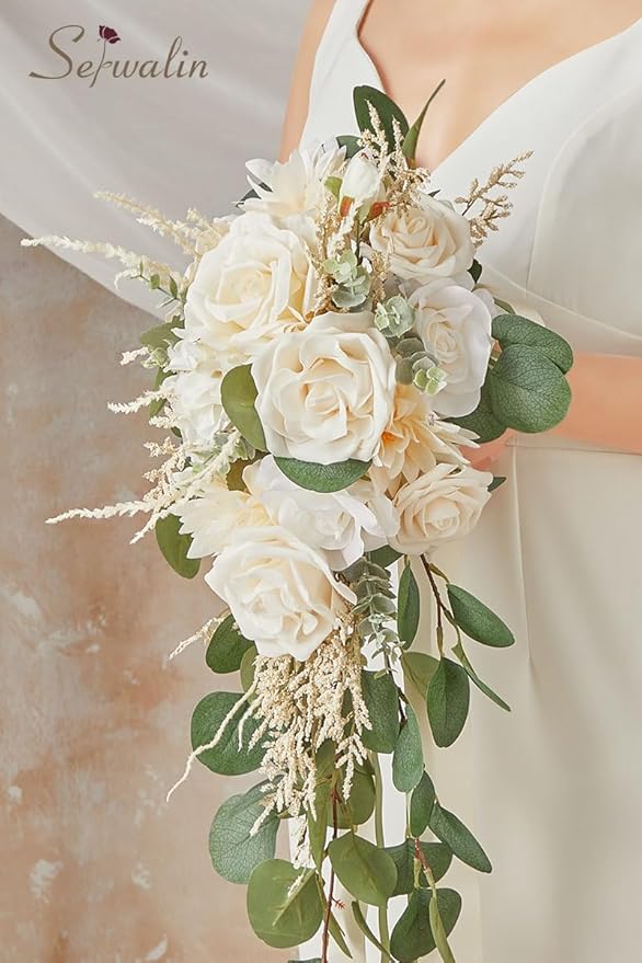 Serwalin 9.8in Wedding Bouquets for Bride, Boho Champagne Roses & Dahlia Flowers for Wedding Decoration