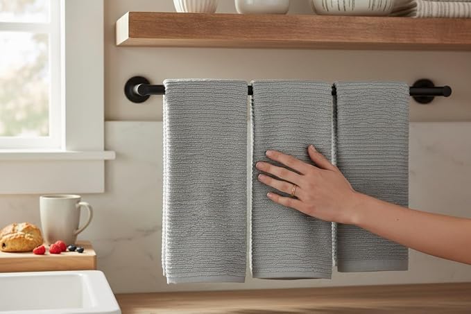 Serafina Home Light Grey Gray Kitchen Hand Dish Towels: Oversized 28" x 18", 100% Cotton Cloth Soft Cleaning Drying Absorbent Ribbed Design, Set of 3 Multipurpose for Everyday Use