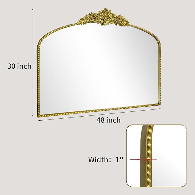 Antique Gold Arched Wall Mirror, 48"x30" Baroque Vintage Mirror with Ornate Metal Frame, Large Traditional Home Decor Bathroom/Wall/Vanity/Mantel/Bedroom/Entryway/Hallway