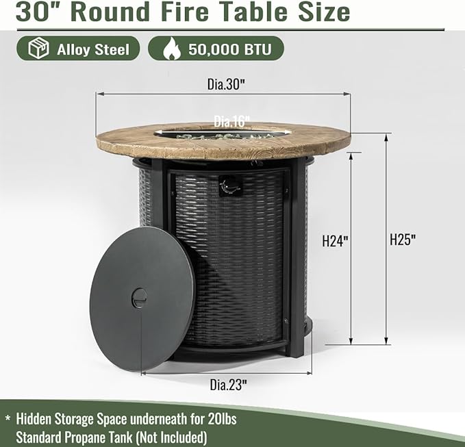 30" Propane Gas Fire Pit Table, 50000 BTU Imitation Wood Grain Finish Round Steel Fire Pit with Lid & Glass 2 in 1 Fire Pit Table Rock for Outside Patio Deck Garden Courtyard