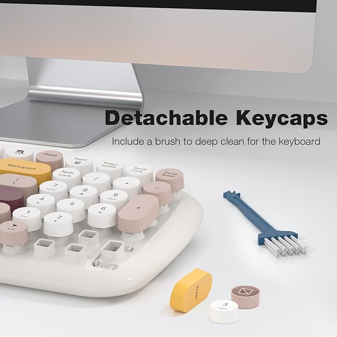 Wireless Keyboard and Mouse Combo, MOWUX - Modern Compact Layout, Colorful Compact Candy Mouse and Retro Round Keyboard Set with Cover, for PC/Laptop/Windows/Mac - Off-White Colorful