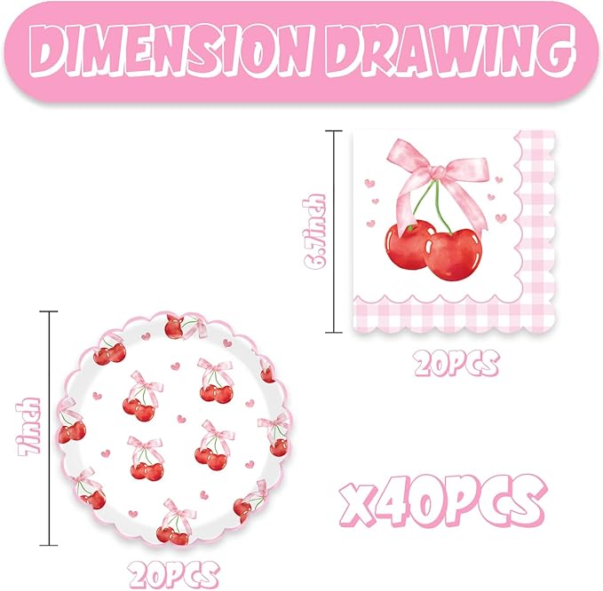 40Pcs Cherry Birthday Decorations Pink Cake Plates and Napkins Set Party Supplies for Baby Shower Favors Pink Bow Birthday Decorations Serve 20