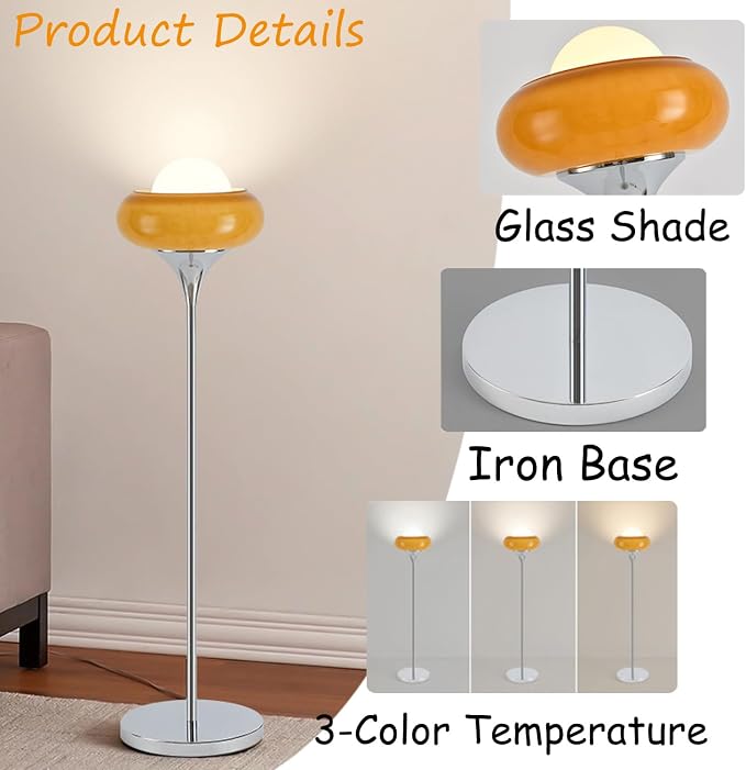 Mid-Century Modern Orange Floor Lamp,Bauhaus Style Mushroom Lamp for Reading,Tall Standing Lamp with Glass Lampshade for Living Room Bedroom and Office