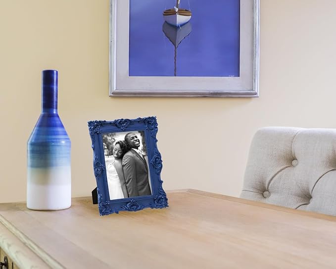Laura Ashley 5x7 Navy Ornate Textured Hand-Crafted Resin Picture Frame with Easel & Hook for Tabletop & Wall Display, Decorative Floral Design Home Décor, Photo Gallery, Art, More (5x7, Navy)