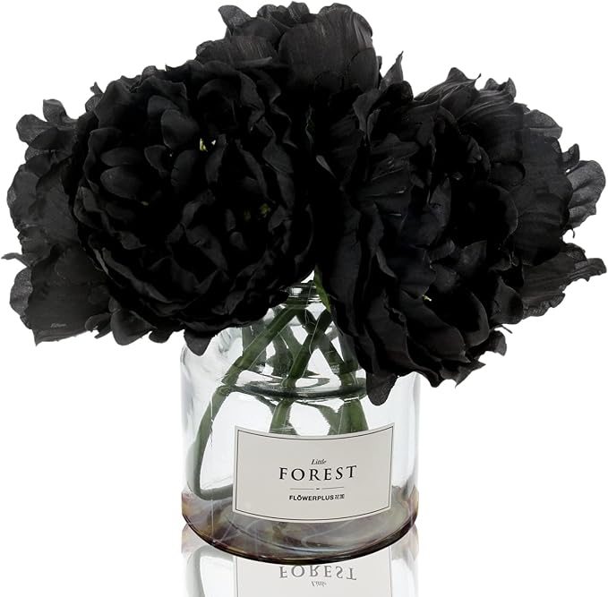 Tinsow Artificial Peony for Home Decoration, 5 Pcs Faux Black Peonies Flowers for Halloween Decoration, Silk Flowers Bouquet,(Black, 5)