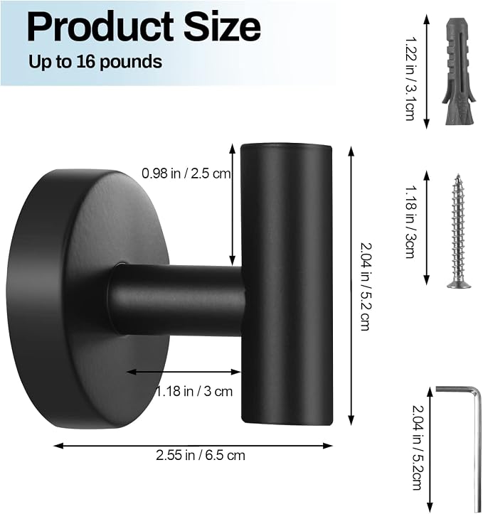 Kruodop Towel Hooks for Bathroom,6 Packs Wall Mount Towel Holder,Black Matte Wall Robe Hook,Stainless Steel Heavy Duty Door Hanger Towel Hook for Kitchen, Bedroom,Hotel,Pool,Coats - Black
