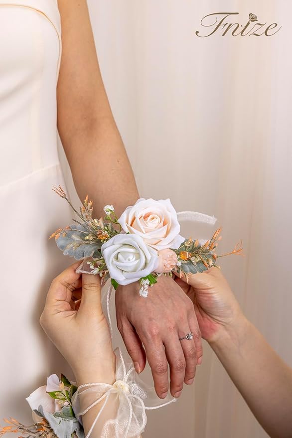 Fnize Champagne Corsage and Boutonniere Set for Bride Groom Bridesmaids Groomsmen Wedding Homecoming Prom Flowers Artificial Rose Boutonniere and Wrist Corsage Flower