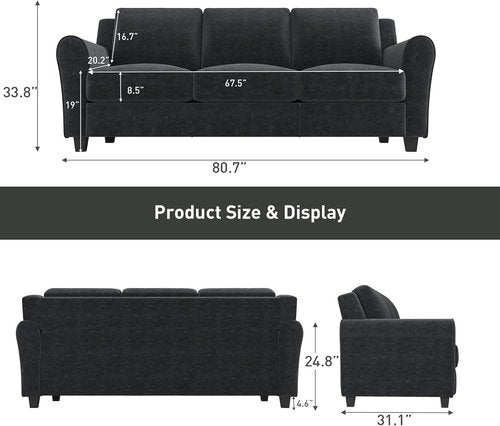 Bonzy Home 80.7" Black Sofa - Modern 3-Seater Couch with Thick Cushions for Living Room & Office