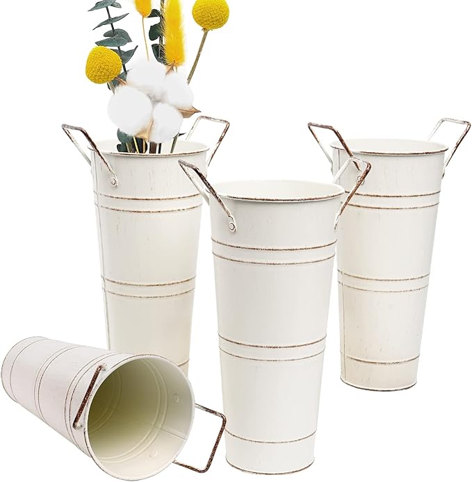 Notakia Galvanized Metal Vases Farmhouse French Flower Bucket Vases for Cut Flowers for Home Decor and Wedding Table Centerpiece Decorations (Beige 4Pcs)