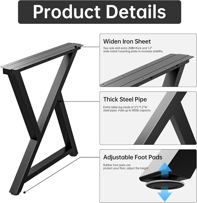 TOCRETOARE Metal Table Legs Heavy Duty, 34”H x 24”W, Metal Furniture Legs for Dining Desk Bench and Coffee Table, Industrial Black DIY Iron Bench Legs, Set of 2