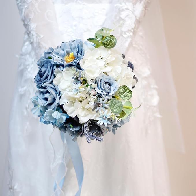 Dusty Blue Wedding Bouquets for Bride Bridesmaid,White Navy Blue Artificial Fake Silk Roses Flowers Bridal Bouquets for Wedding Boho Rustic French Vintage Church Decoration Toss Bouquet (8.6in(M))