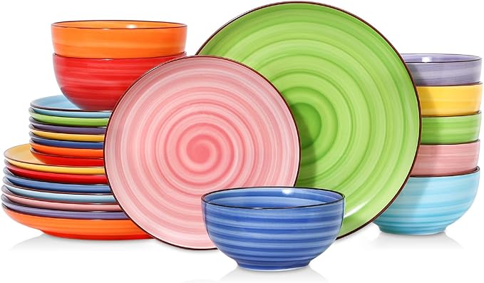 Selamica Ceramic Plates and Bowls Sets,24 Pieces Dinnerware Sets for 8,Scratch Resistant Dish Set for holiday gathering,Dishwasher & Microwave Safe, Dopamine colors