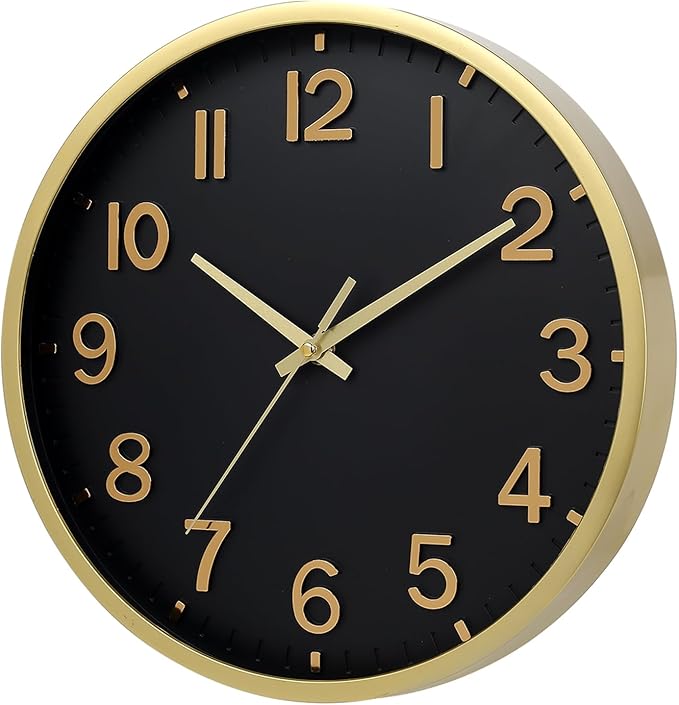 Wall Clocks Battery Operated 12 inch Modern Wall Clock,Silent Non Ticking Wall Clock for Living Room Bedroom Kitchen Office Classroom Decor (Black Gold)