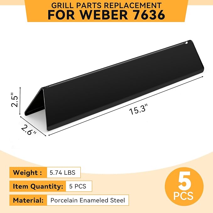 15.3 inch Flavorizer Bars for Weber Spirit Grill Parts Spirit I & Spirit II E310 E320 E330 S310 S320 S330 Gas Grills with Front Control Knob, 5 PCS 7636 Porcelain-enameled Steel Flavor Bars