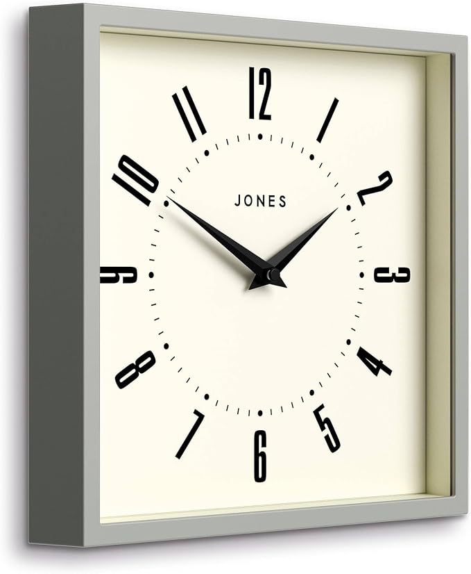 JONES CLOCKS® Box wall Clock | Retro Square | 10 inch | Gray | Easy to Read Numbers | Perfect Kitchen or Office Clock