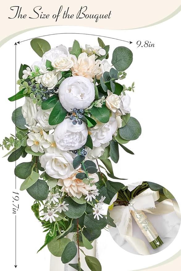 Serwalin 9.8 Inch Wedding Bouquets for Bride Bridesmaid, Forest White Peonies Bridal Bouquets for Bride, Wedding Flowers Bouquet Tossing Bouquet, Wedding Ceremony and Anniversary Day Decor