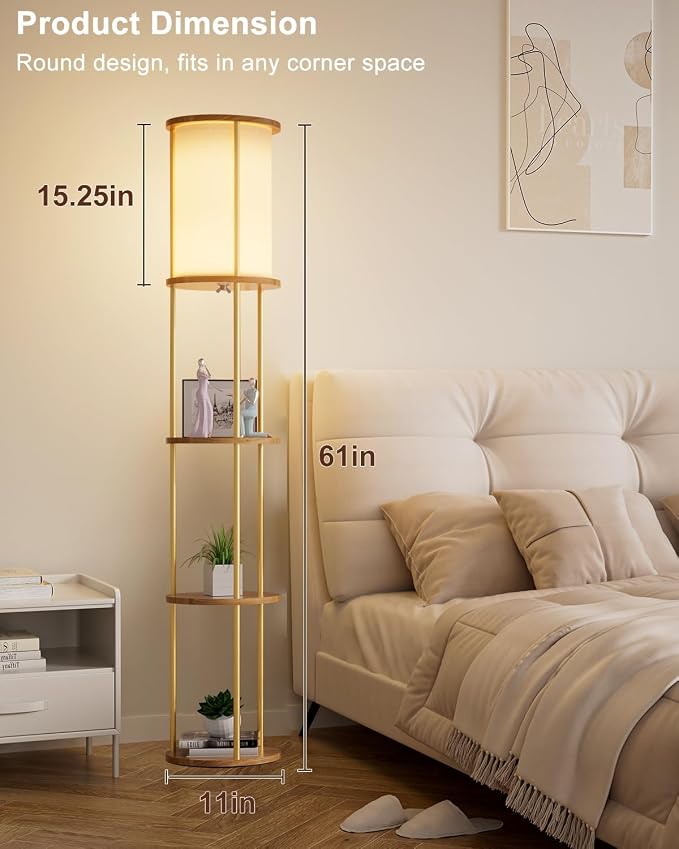 Lightdot 61" Floor Lamp with Shelves, Modern Gold Floor Lamp with Fabric Shade and 3- Tier Solid Wood Table Attached, Corner Bookshelf Lamps with 3000K Bulb Included for Sofa Beside/Corner Decor