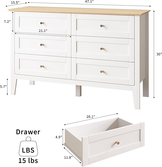 6 Drawers White Dresser for Bedroom, 47" Wide Wood Modern Chest of Drawers, Shaker Style, Modular Dresser TV Stand for Bedroom, Living Room, Hallway (White)