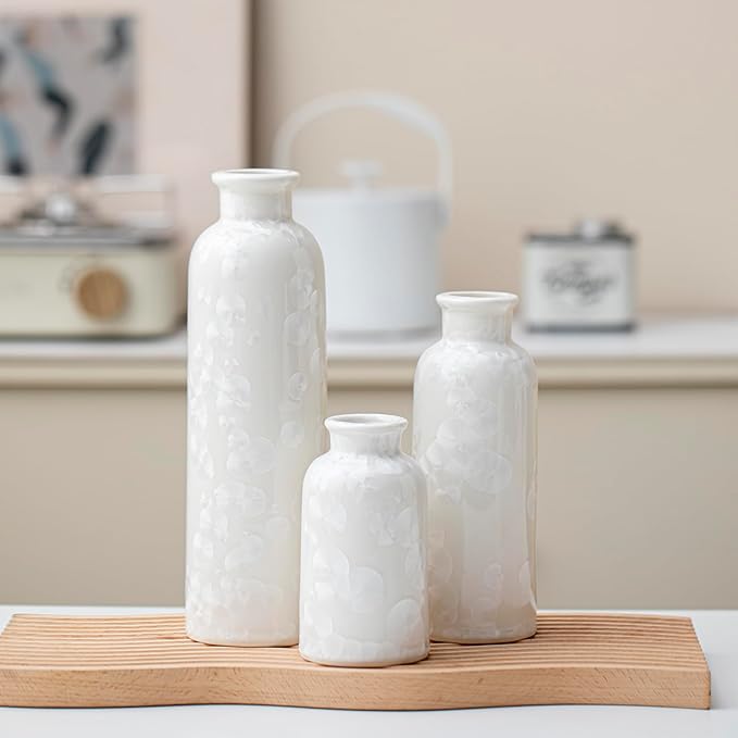 Modern Ceramic Vase Set of 3, White Crystalline Glaze Colors, Decorative Bottles for Home, Farmhouse Rustic Decor Housewarming Gifts, Wedding Gifts, Birthday Gifts for Women(Crystalline Glaze White)