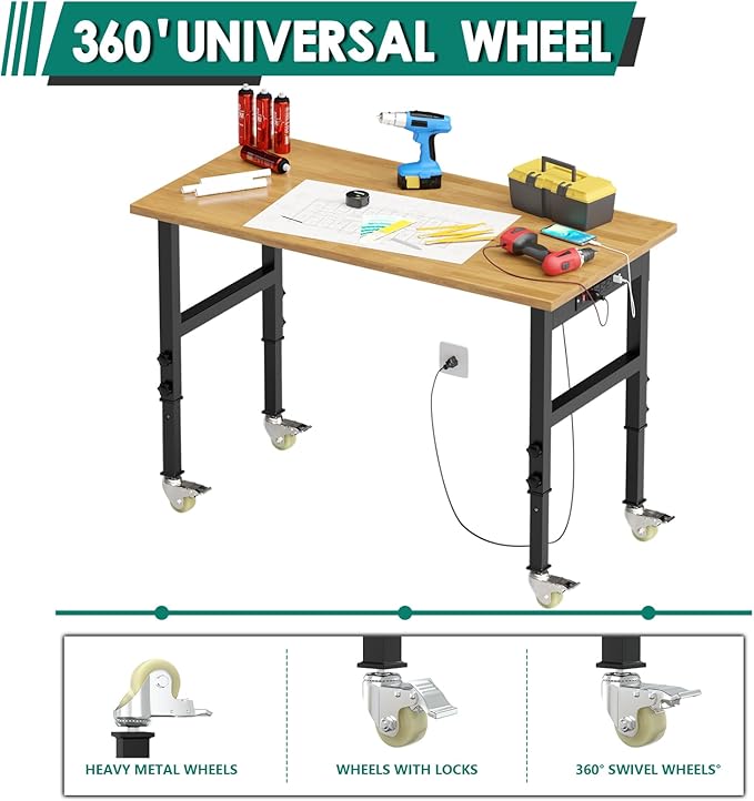 Adjustable Heavy Duty Workbench with Wheels,Rubber Wood Top Working Table, 2500 LBS Load Capacity with for Workshop and Office,etc.