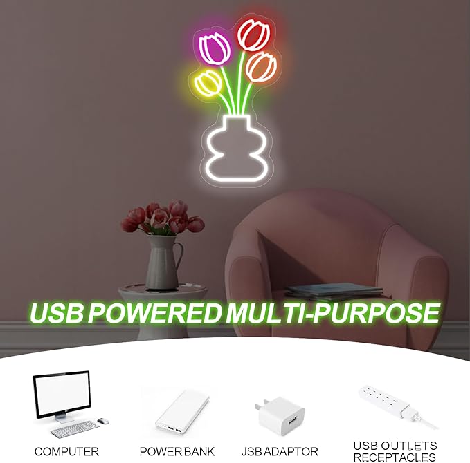 Tulip Flower Neon Sign for Wall Decor LED Tulip Lamp for Bedroom Wall Decor Flower Shop Decor, Tulip Sign for Living Room Studio Bedroom Party Decoration, Mother's or Valentine's Day Gifts