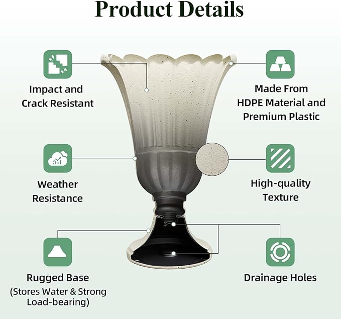 Tall Plastic Urn Planters for Outdoor Plants Set of 2-23.6" H Classic Petal Design Indoor Large Flower Pots with Drainage Holes, Outdoor Planters for Porch Decor/Garden Vase, Beige/Off White