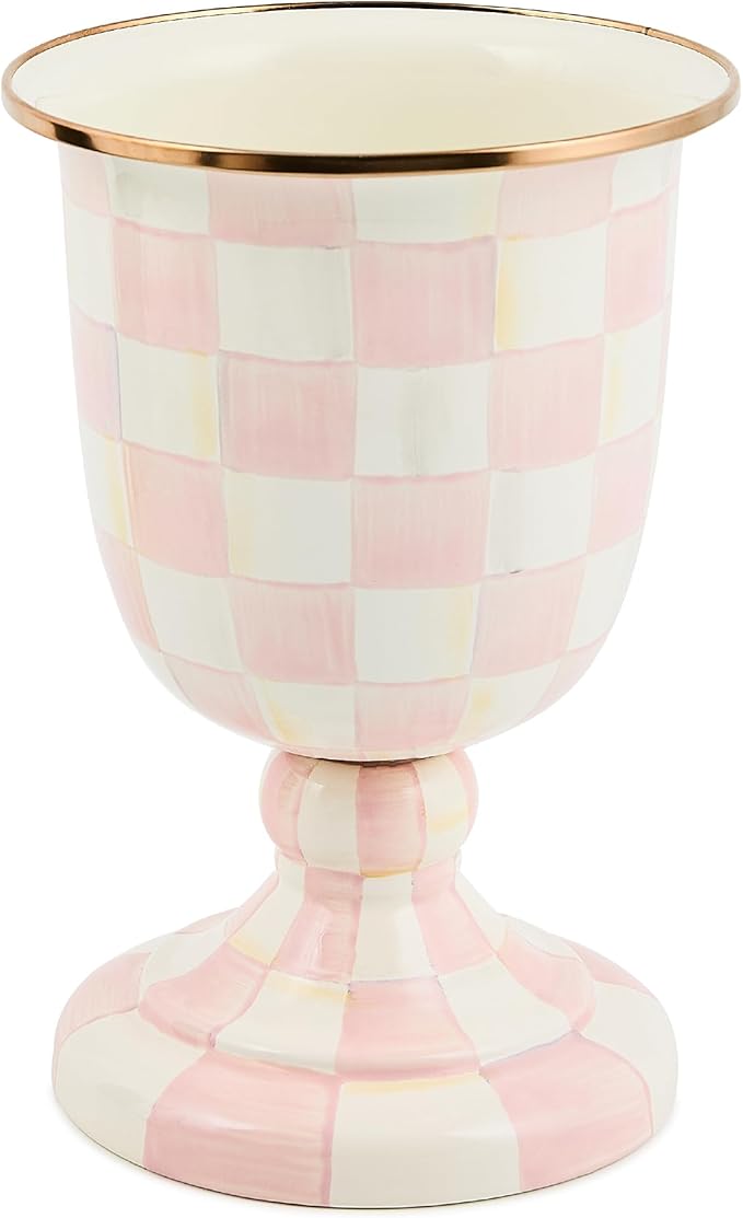 MACKENZIE-CHILDS Pedestal Vase, Decorative Centerpiece and Flower Holder, Pink-and-White Rosy Check