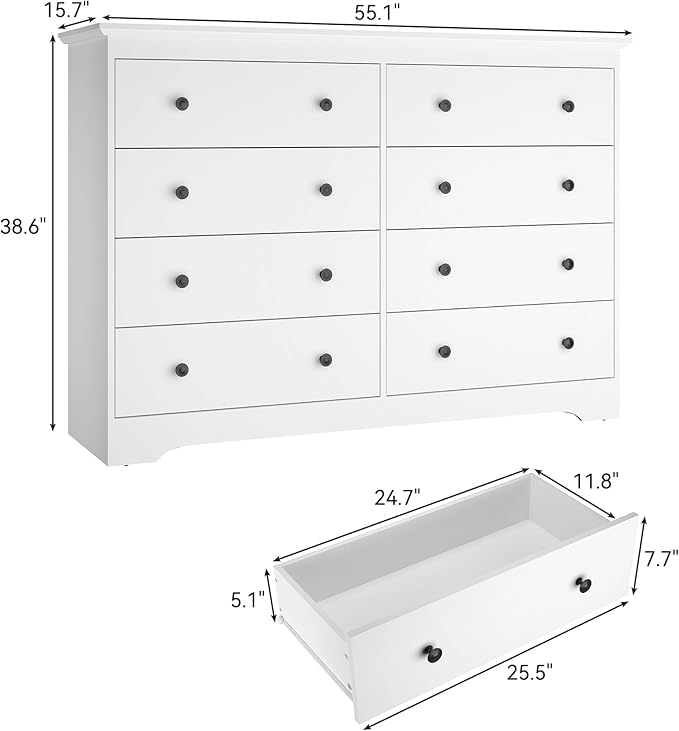White Dresser for Bedroom，55" Wide 8 Drawers Dressers,Modern Wooden Chest for Living Room, Hallway