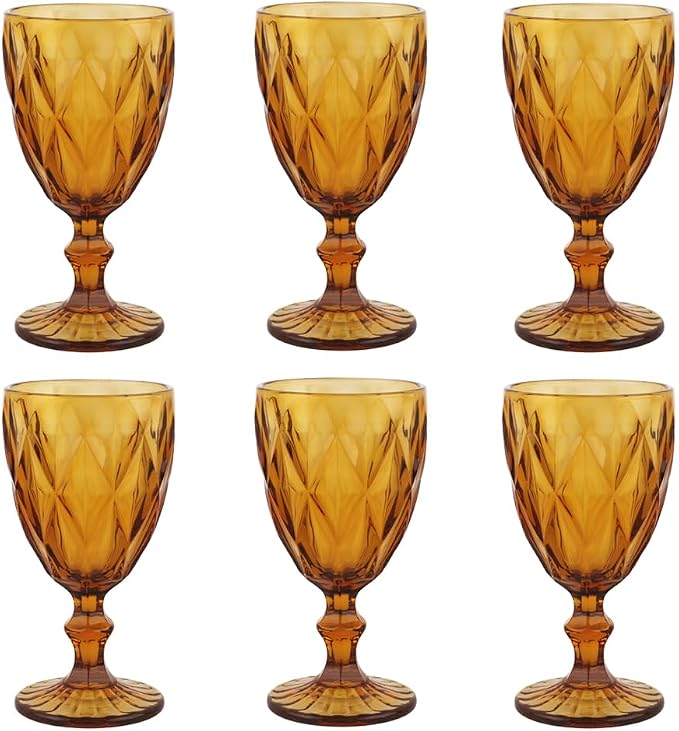 Pure Amber Wine Glasses 6Pcs a Set Solid Colors Glass Goblets Colorful Dishwasher Safe Colored Glassware With An Embossed Vintage Never Fade Colored Goblets Pattern Like Crystal (Glass, Amber)